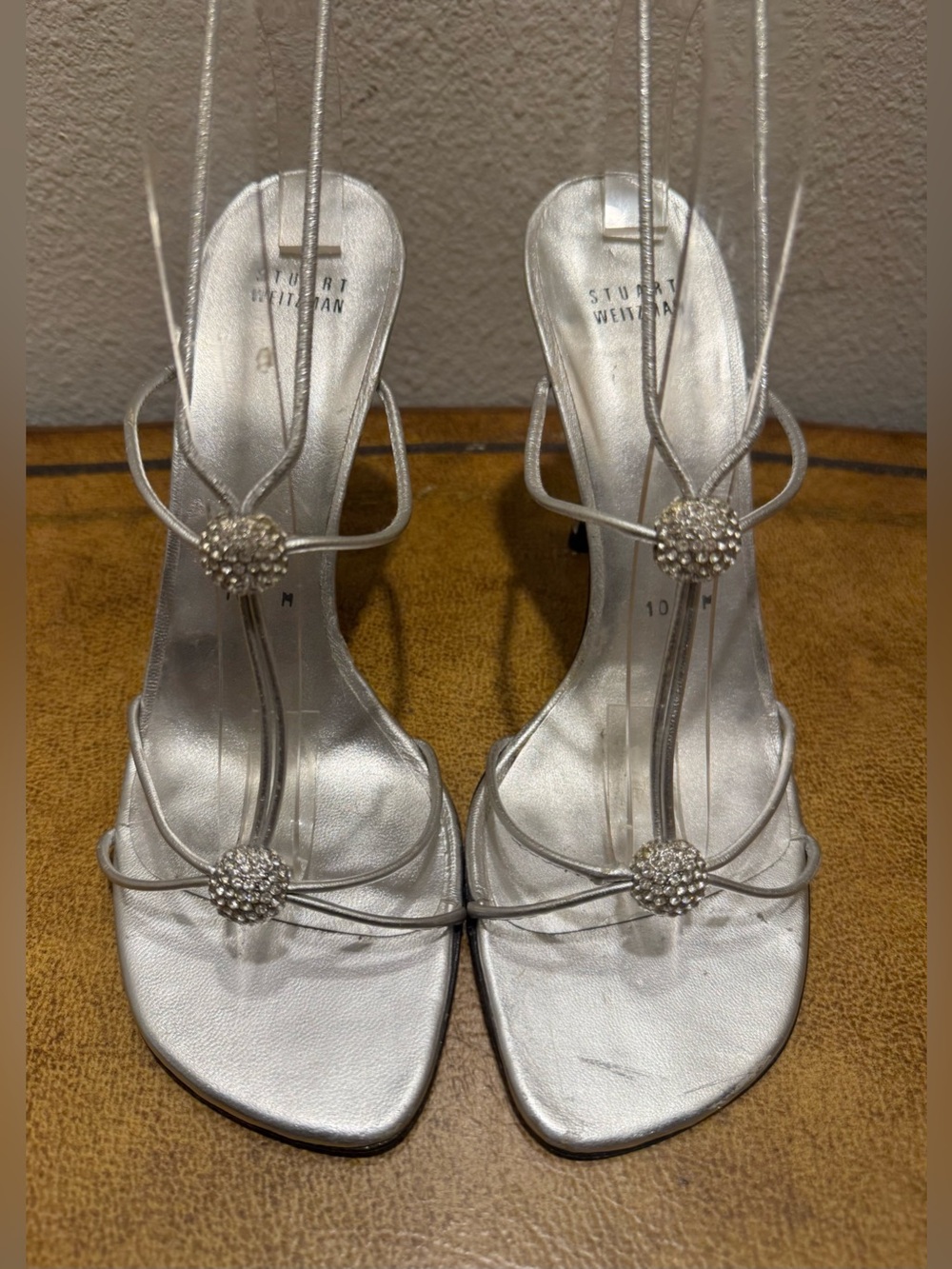 Stuart Weitzman Silver T-Strap Rhinestone-Accent Heels Size 10
